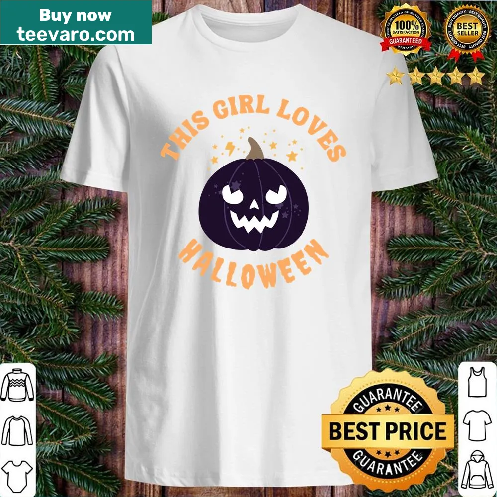 Whimsical shirt reading 'This Girl Loves Halloween' with festive illustrations