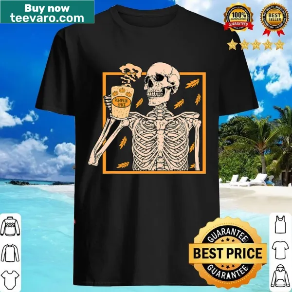 Vintage-style shirt featuring a skeleton with pumpkin spice latte