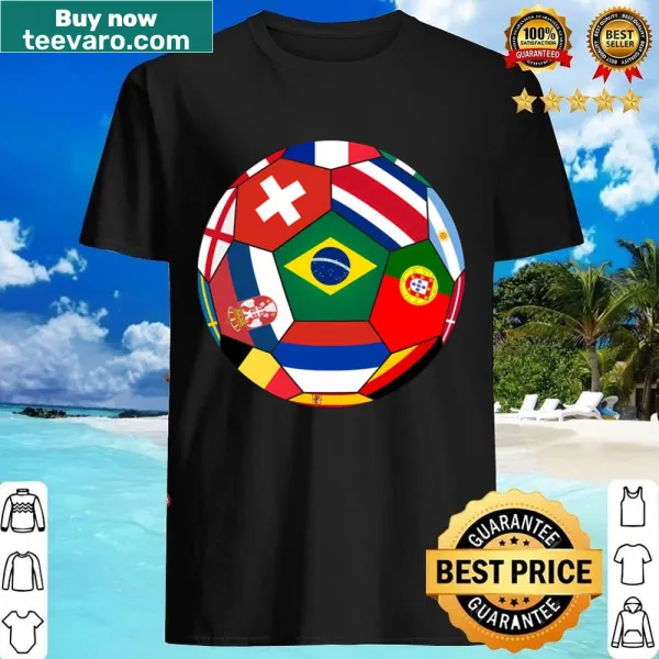 Football surrounded by various flags graphic on a shirt