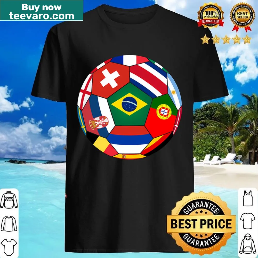 Football surrounded by various flags graphic on a shirt