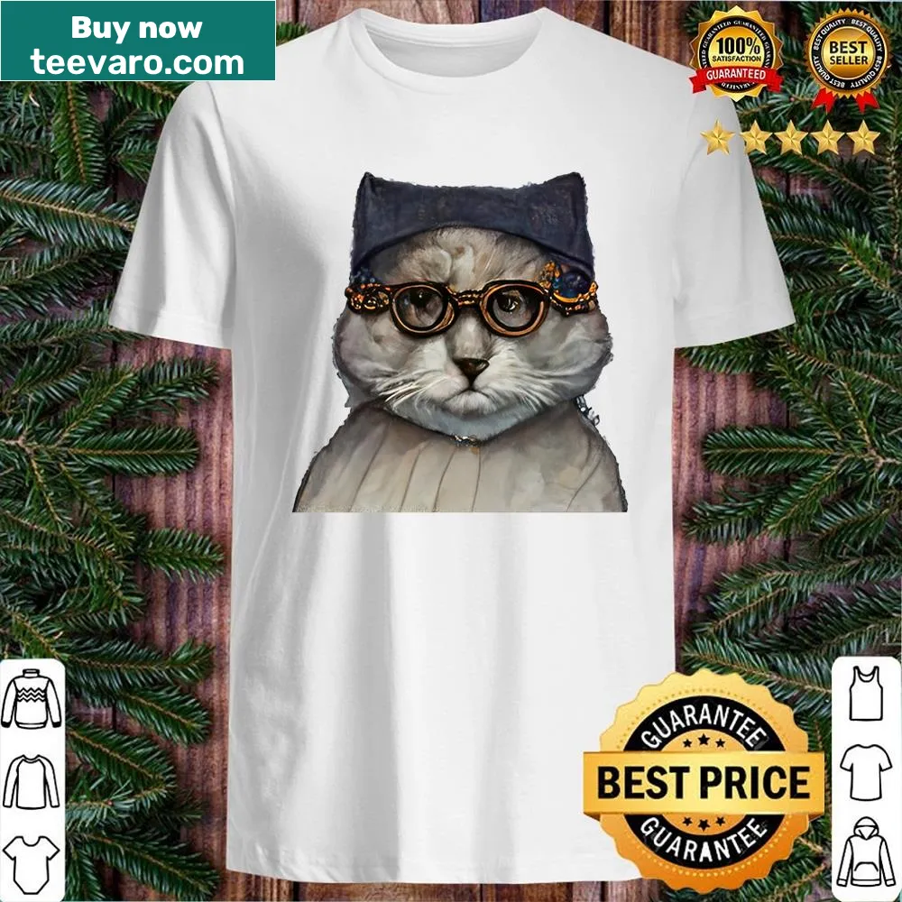 17th century styled t-shirt featuring a whimsical cat illustration.