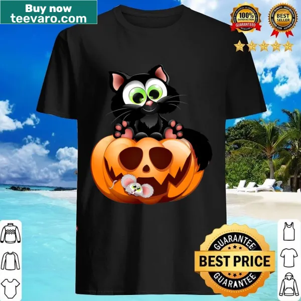 Cute kids shirt with a cat sitting on a Halloween pumpkin