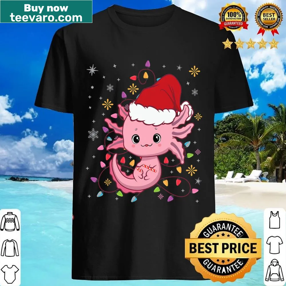 Cute axolotl in Santa hat with holiday lights for Christmas shirt