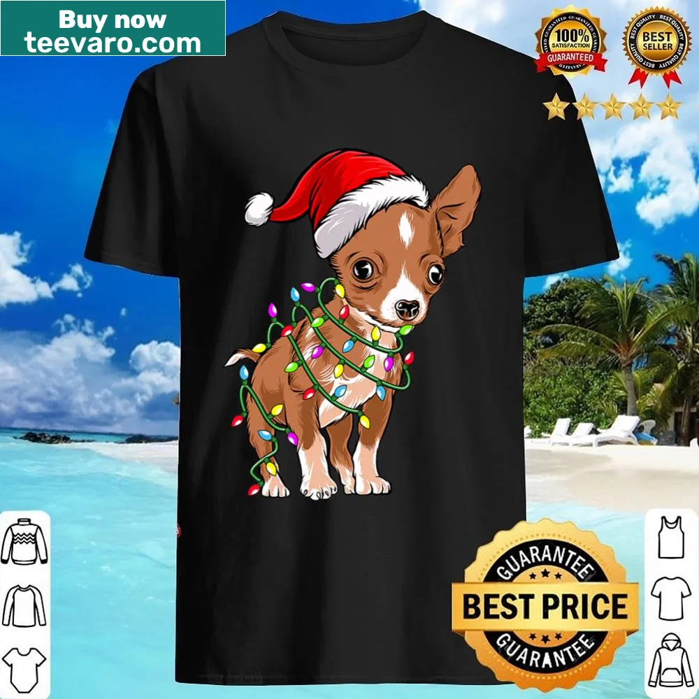Cute chihuahua in Christmas lights graphic on a shirt