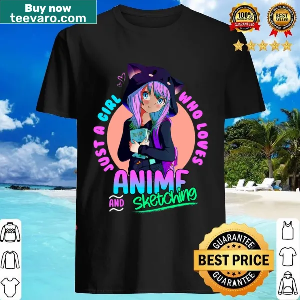 Cute girl sketching while eating ramen on an anime-themed shirt.