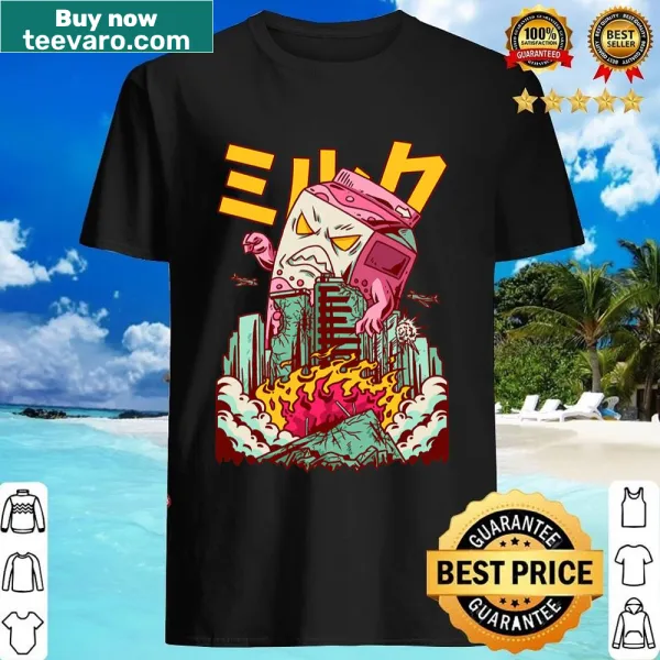 Kawaii kaiju character enjoying strawberry milk on a shirt.