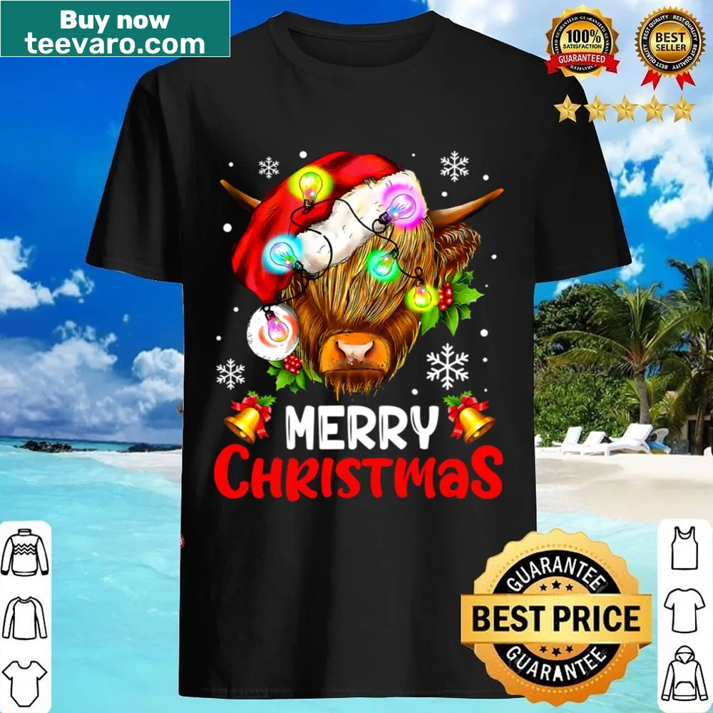 Festive Highland cow in Santa hat design on a Christmas shirt