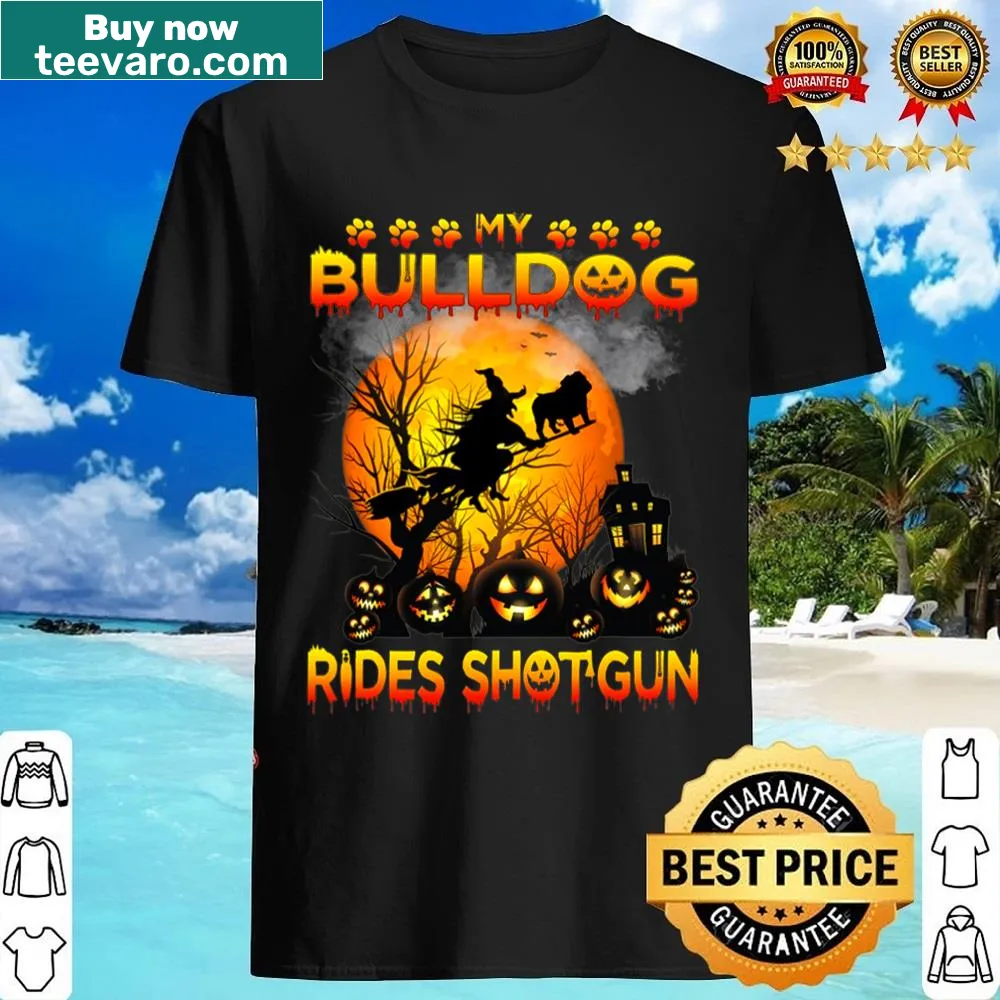 Cartoon bulldog riding a witch's broom for Halloween shirt