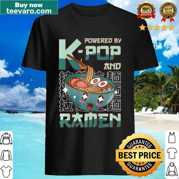 Text graphic combining Kpop and ramen themes on a shirt for teen girls