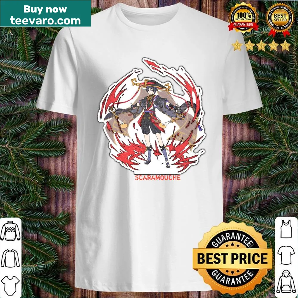 Shirt featuring humorous typography referencing Scaramouche.