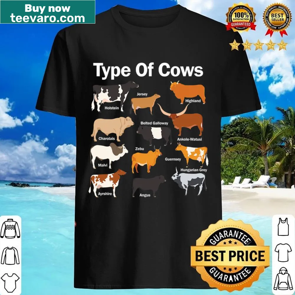 Graphic shirt featuring various types of cows, perfect for farmers