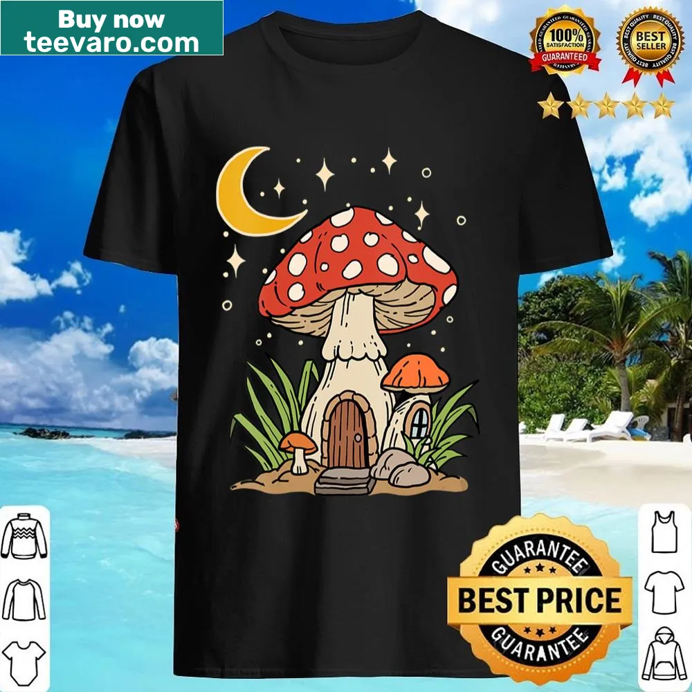 Vneck shirt with mushroom and moon design for cottagecore lovers