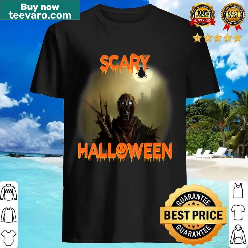 Illustrative Halloween V-neck shirt with a creepy scarecrow design