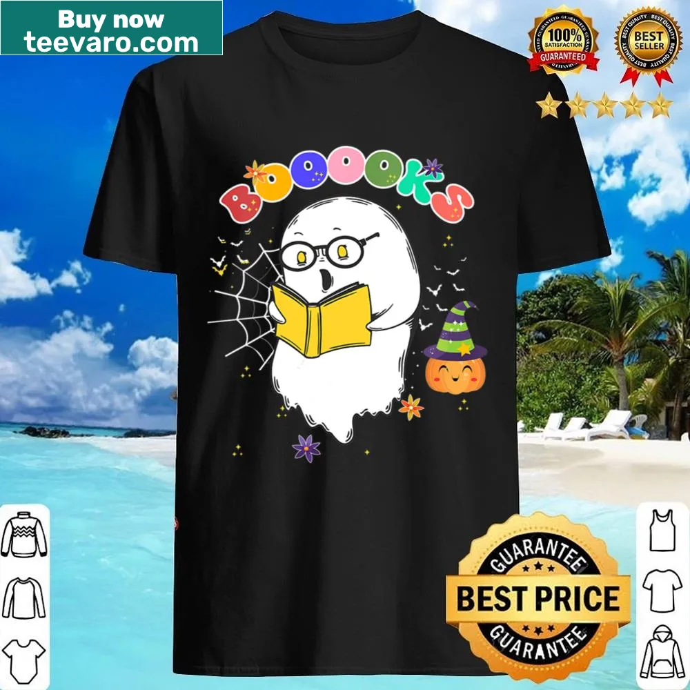 Halloween Vneck shirt featuring a cute ghost reading a book