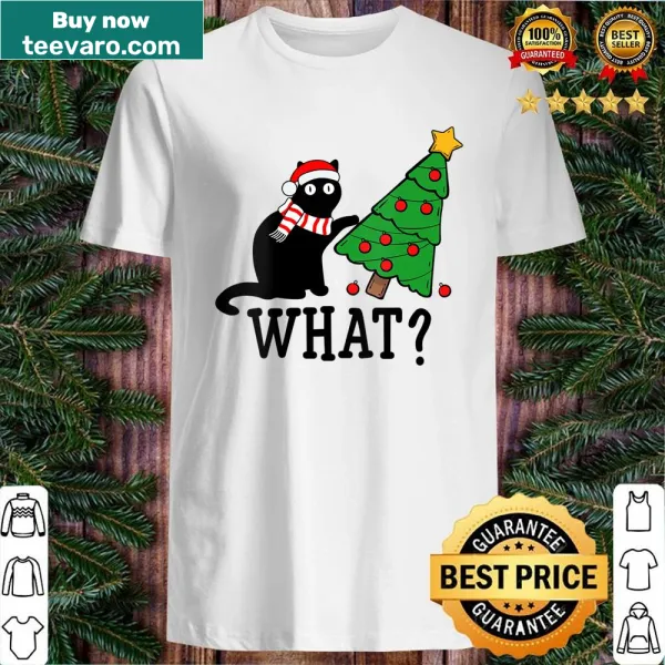 Funny black cat pushing over a Christmas tree graphic on a V-neck shirt