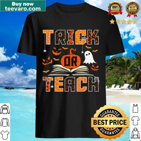 Funny V-neck shirt with a cute ghost and Trick or Teach text for teachers
