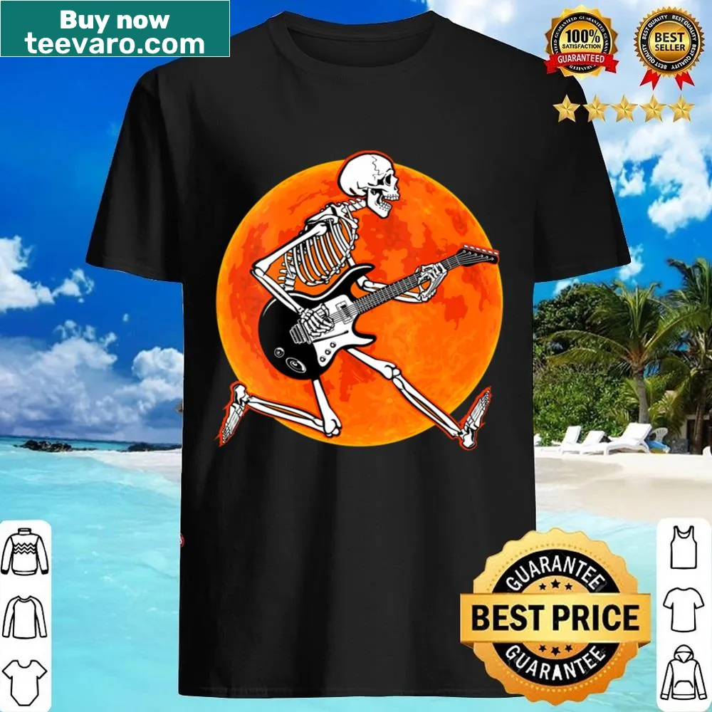 Vneck shirt with a skeleton playing electric guitar for Halloween