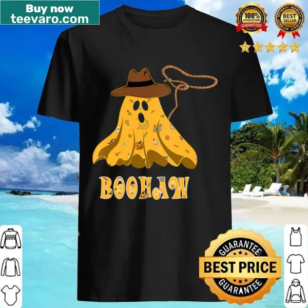 Retro Western Boohaw ghost graphic on a Halloween V-neck shirt
