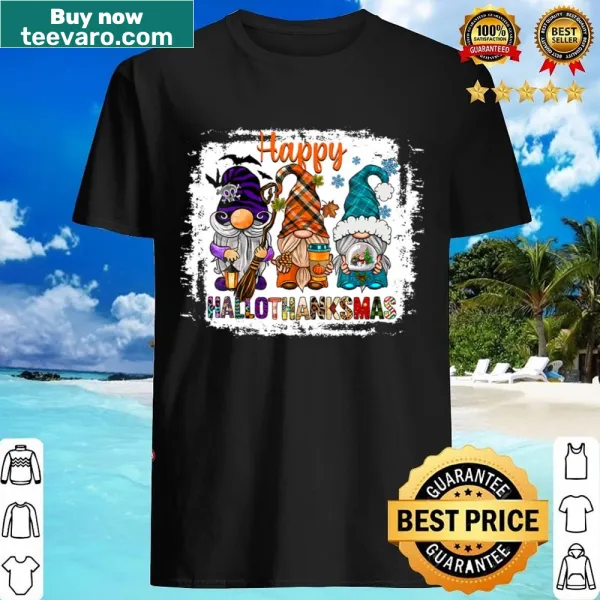 V-neck shirt with gnomes celebrating Hallothanksmas for festive occasions