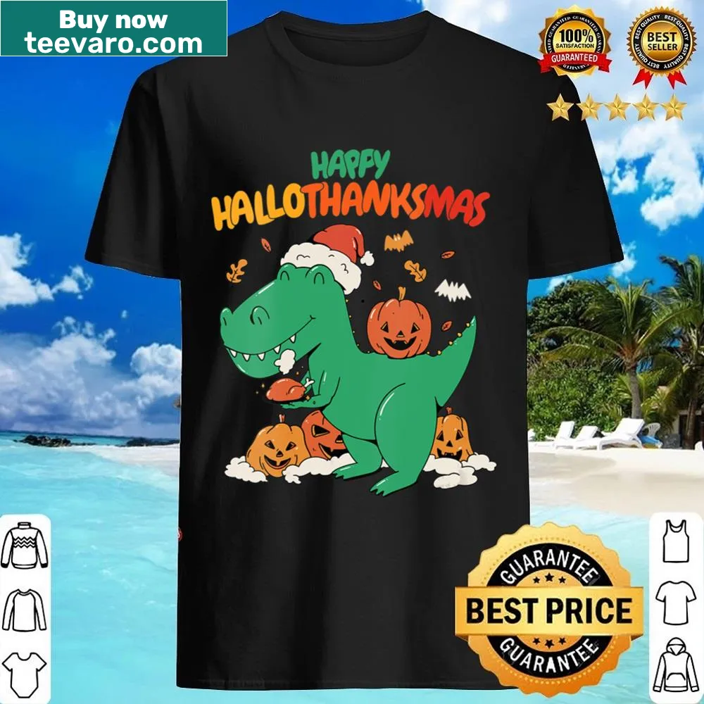 V-neck shirt with a T-Rex celebrating Hallothanksmas for festive wear