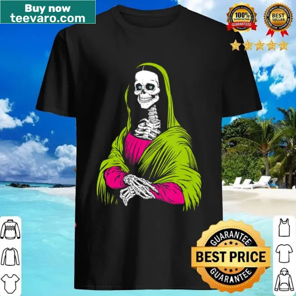 Illustration of a skeleton version of the Mona Lisa on a v-neck shirt