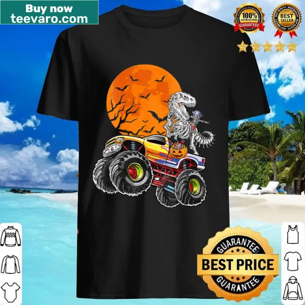 Funny Halloween shirt with skeleton T-Rex driving a monster truck