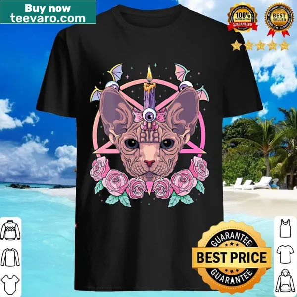 V-neck shirt featuring a pastel goth Sphynx cat design