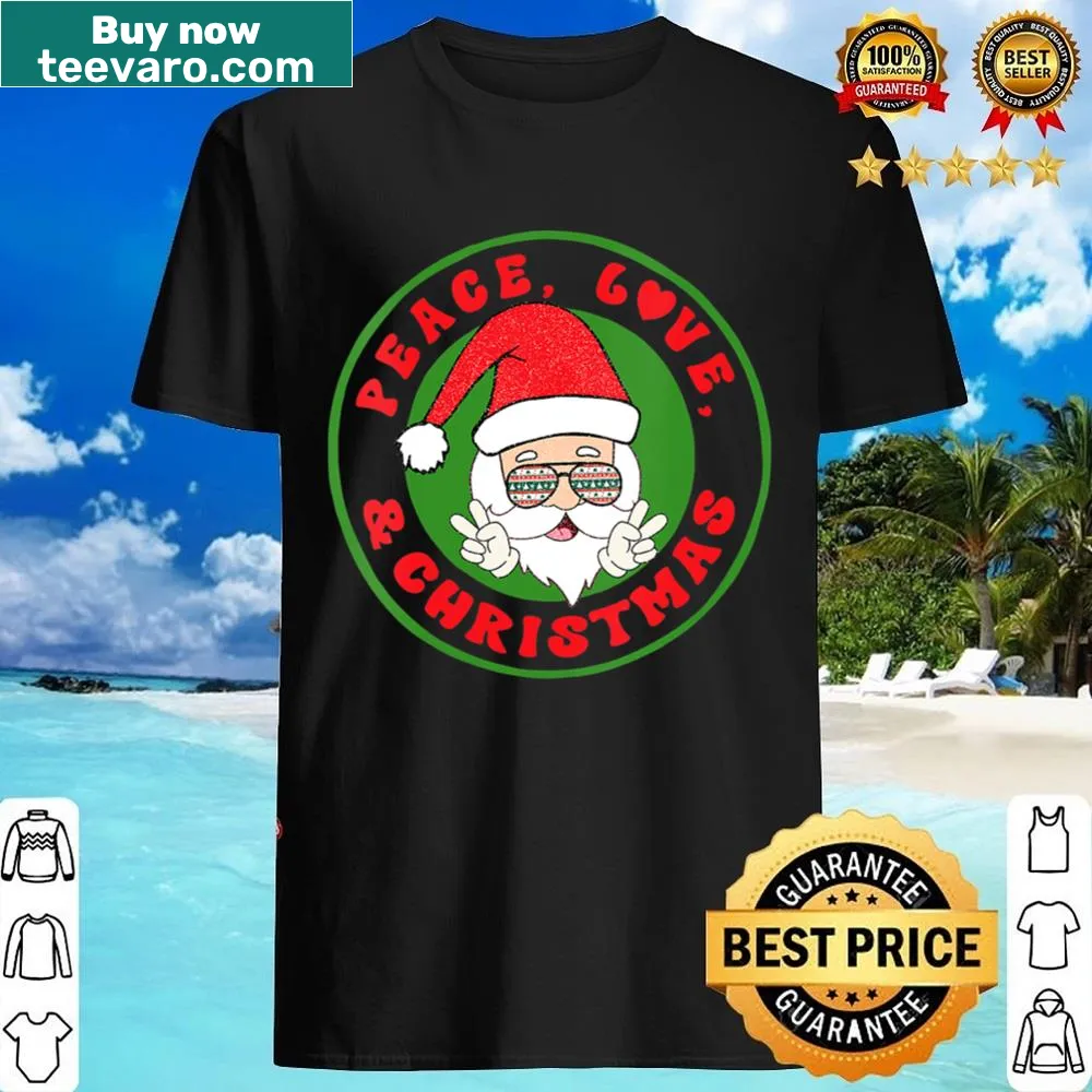 V-neck shirt with 'Peace, Love, and Christmas' and a Santa illustration