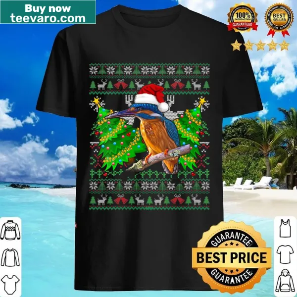Cartoon kingfisher dressed as Santa on a v-neck Christmas shirt