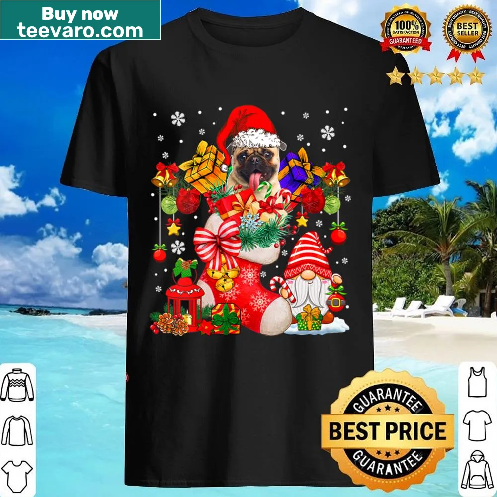 Cute V-neck shirt featuring a Santa pug in a Christmas sock with presents