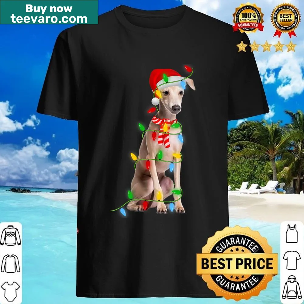 Italian Greyhound dog with festive lights on a v-neck Christmas shirt