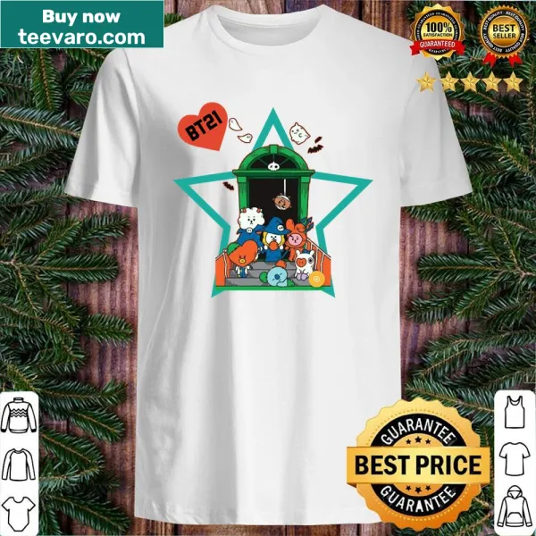BT21 characters in Halloween costumes on a playful shirt design