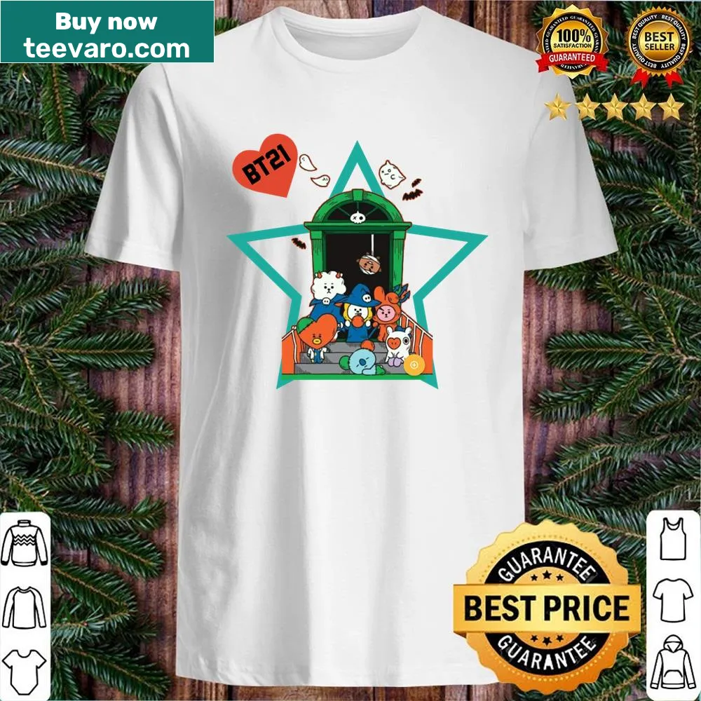 BT21 characters in Halloween costumes on a playful shirt design