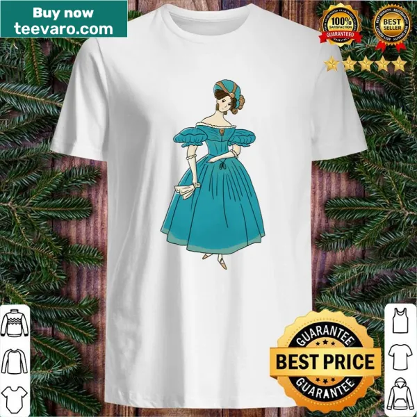 Hand-lettered illustration of a vintage 1830s blue gown
