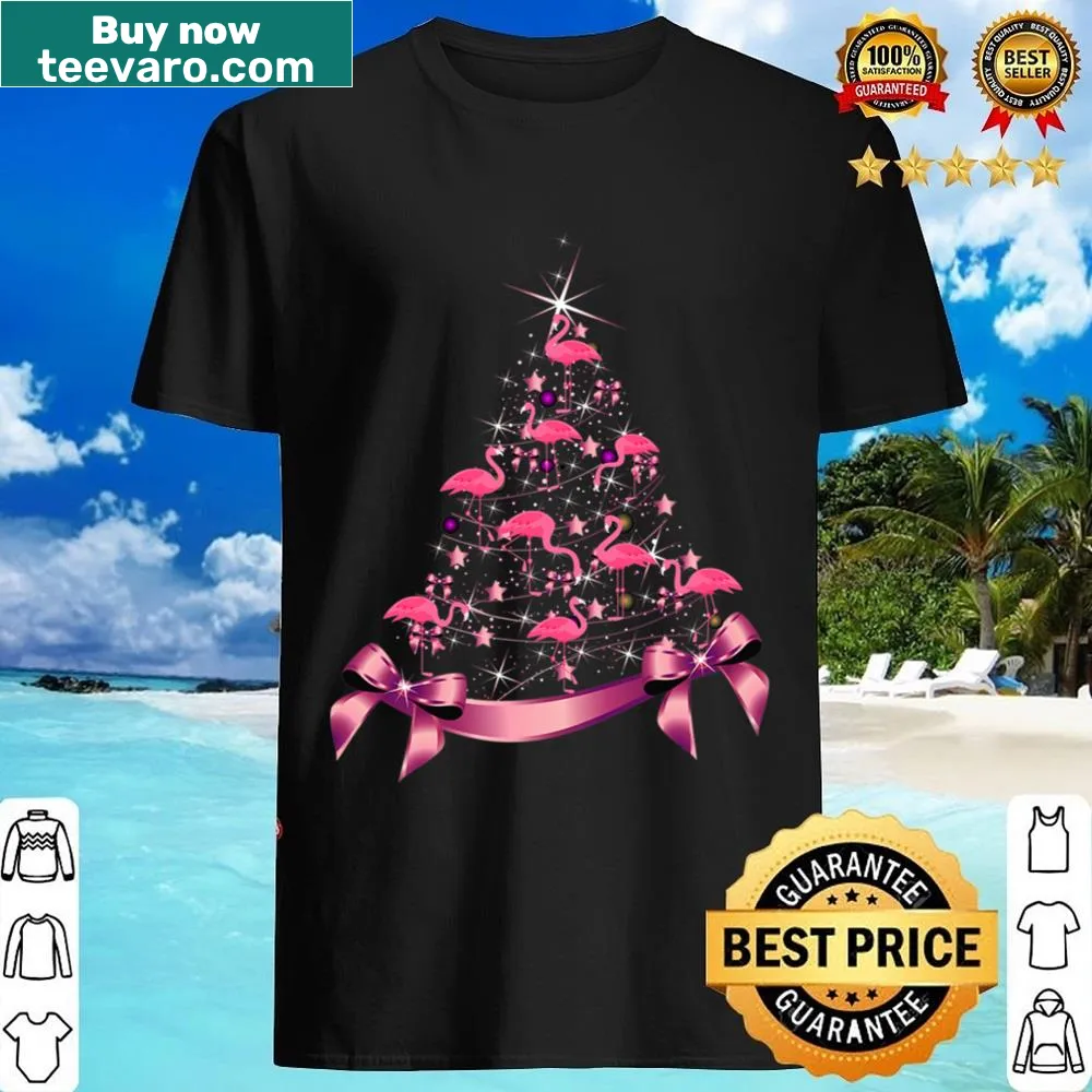 Cartoon Santa with flamingos on Christmas-themed shirt