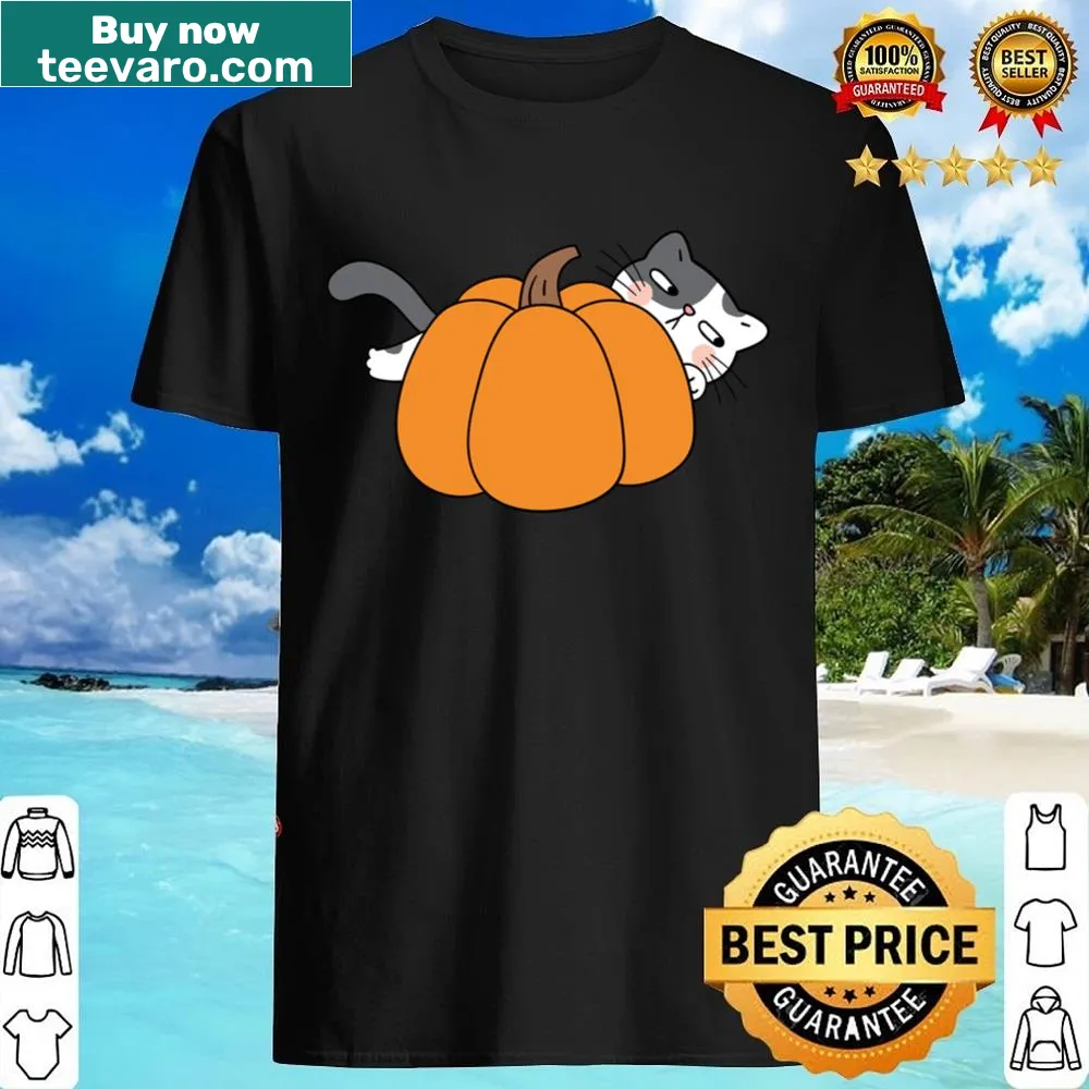 Kawaii cat hugging a pumpkin in a cute cartoon design