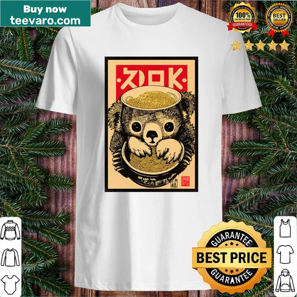 Illustration of a koala eating ramen on a pullover shirt