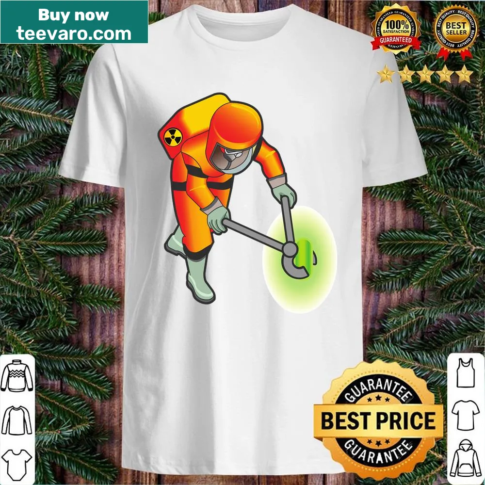 Nuclear radiation warning graphic shirt for environmental awareness.