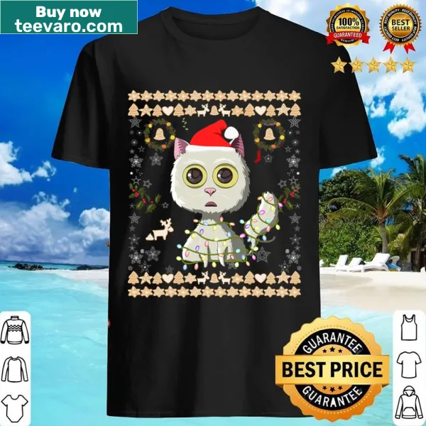 Festive shirt with illustrations of llamas, alpacas, and sloths in Santa outfits