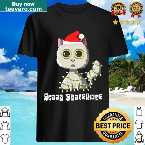 Cute Santa Cat shirt adorned with Christmas lights in kawaii style