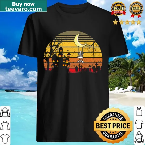 Spooky skeleton playing guitar under the moon graphic