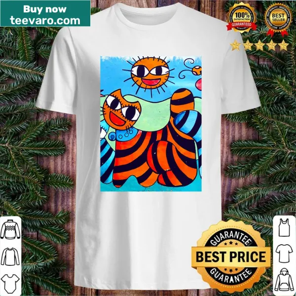 Shirt featuring playful illustrations of cats in summer settings