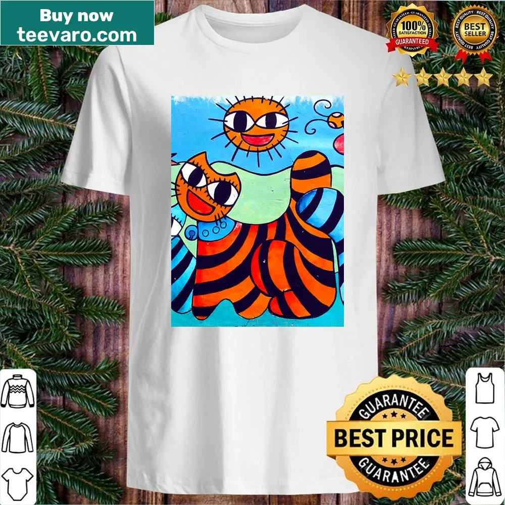 Shirt featuring playful illustrations of cats in summer settings