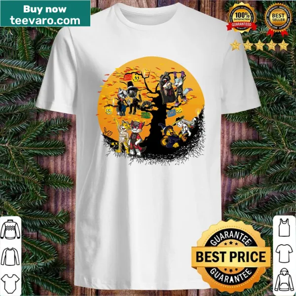 Illustrated Halloween Tree shirt with bats and pumpkins
