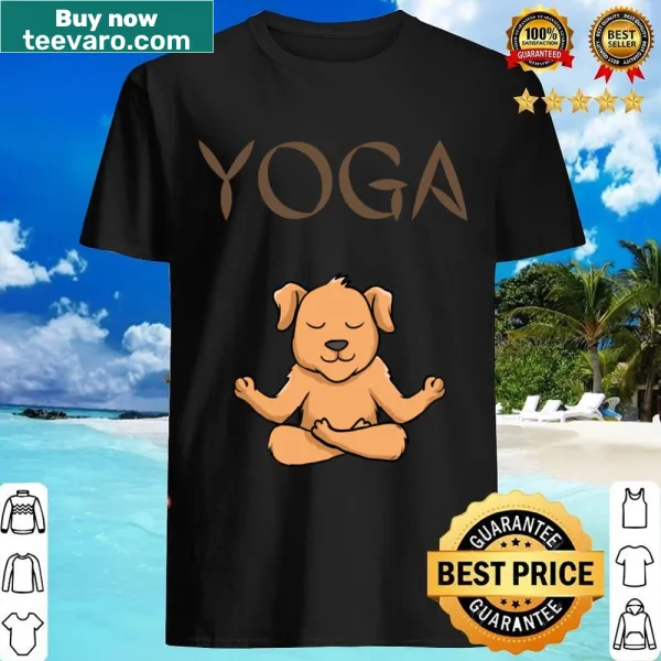 Playful dog in yoga poses graphic on a T-shirt.