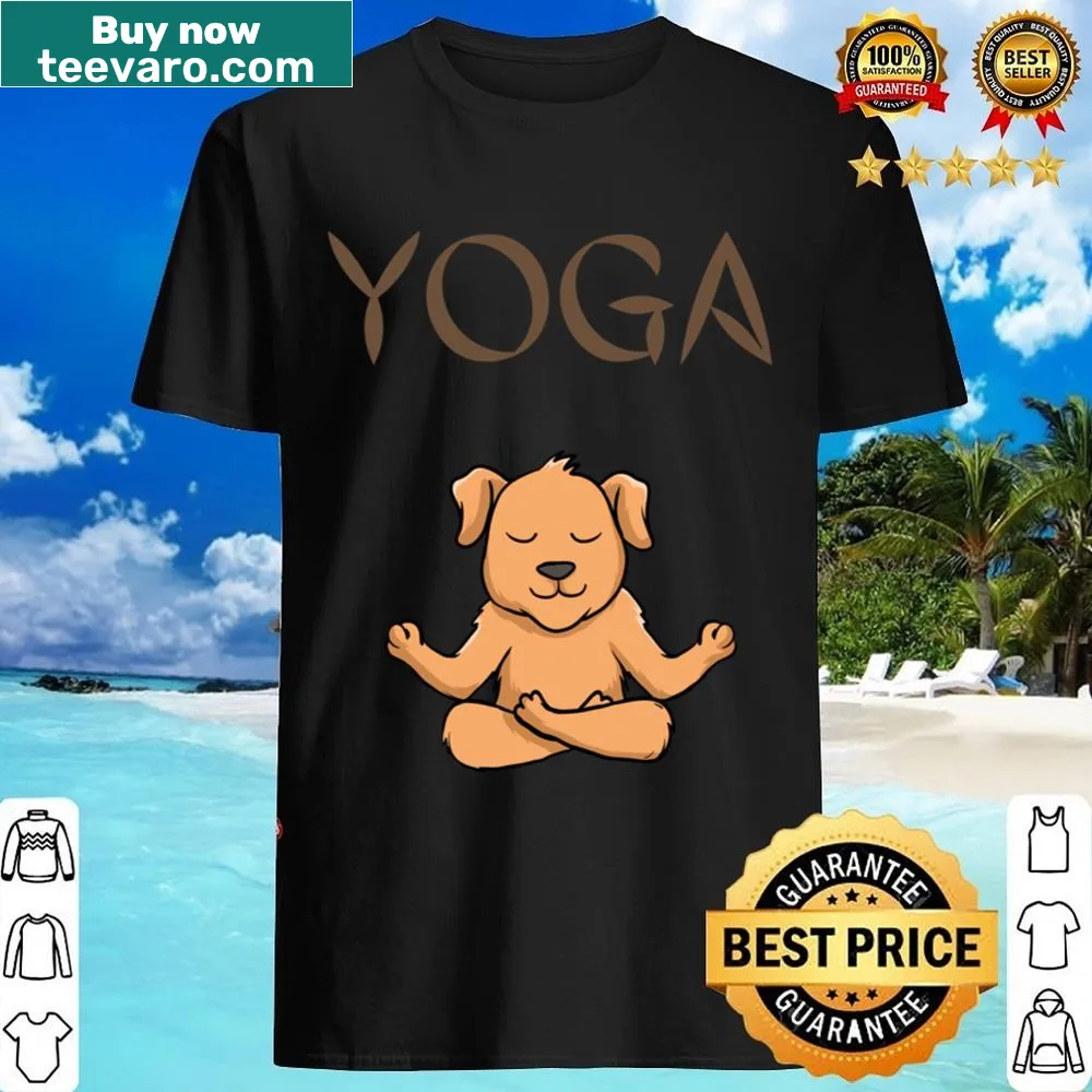 Playful dog in yoga poses graphic on a T-shirt.