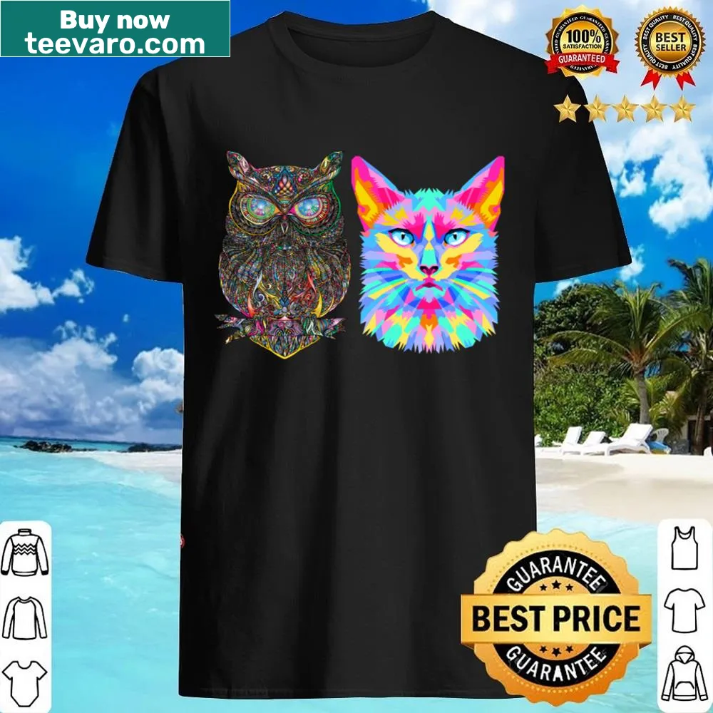 Charming illustration of a cat and an owl on a shirt