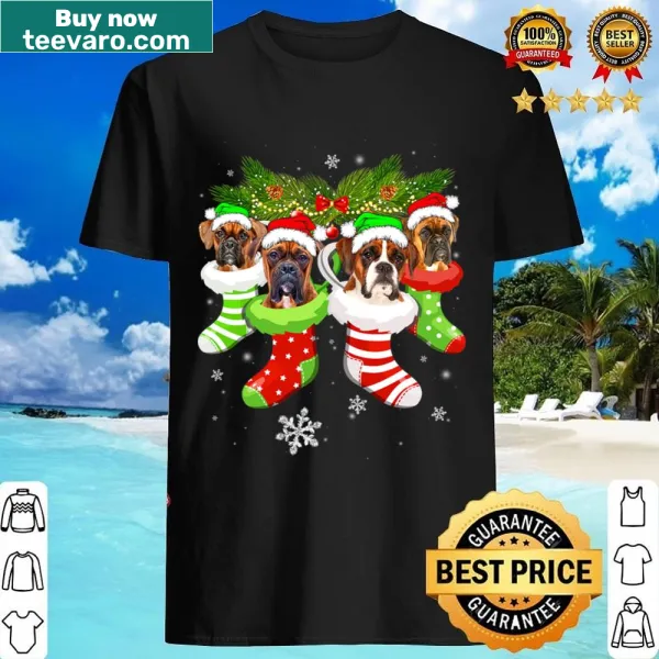 Cartoon boxer dog in Santa hat peeking from a Christmas stocking