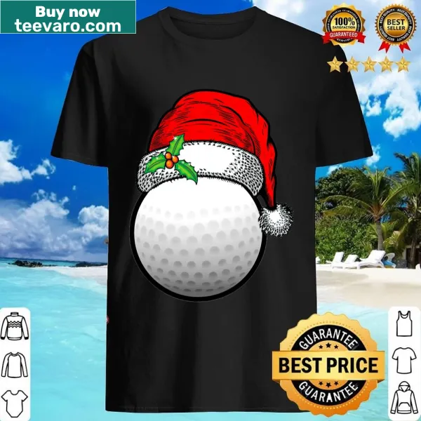 T-shirt featuring a Christmas golf ball in a Santa hat