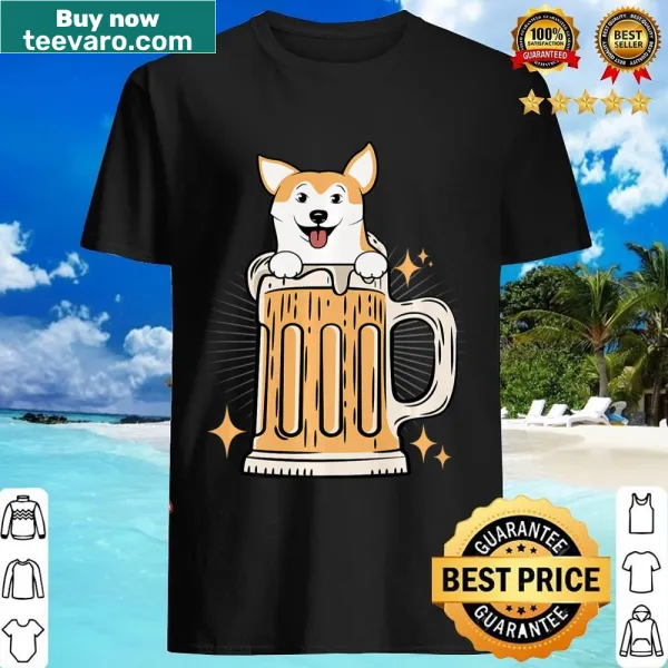 Funny shirt featuring a cartoon corgi with a beer, perfect for dog lovers.